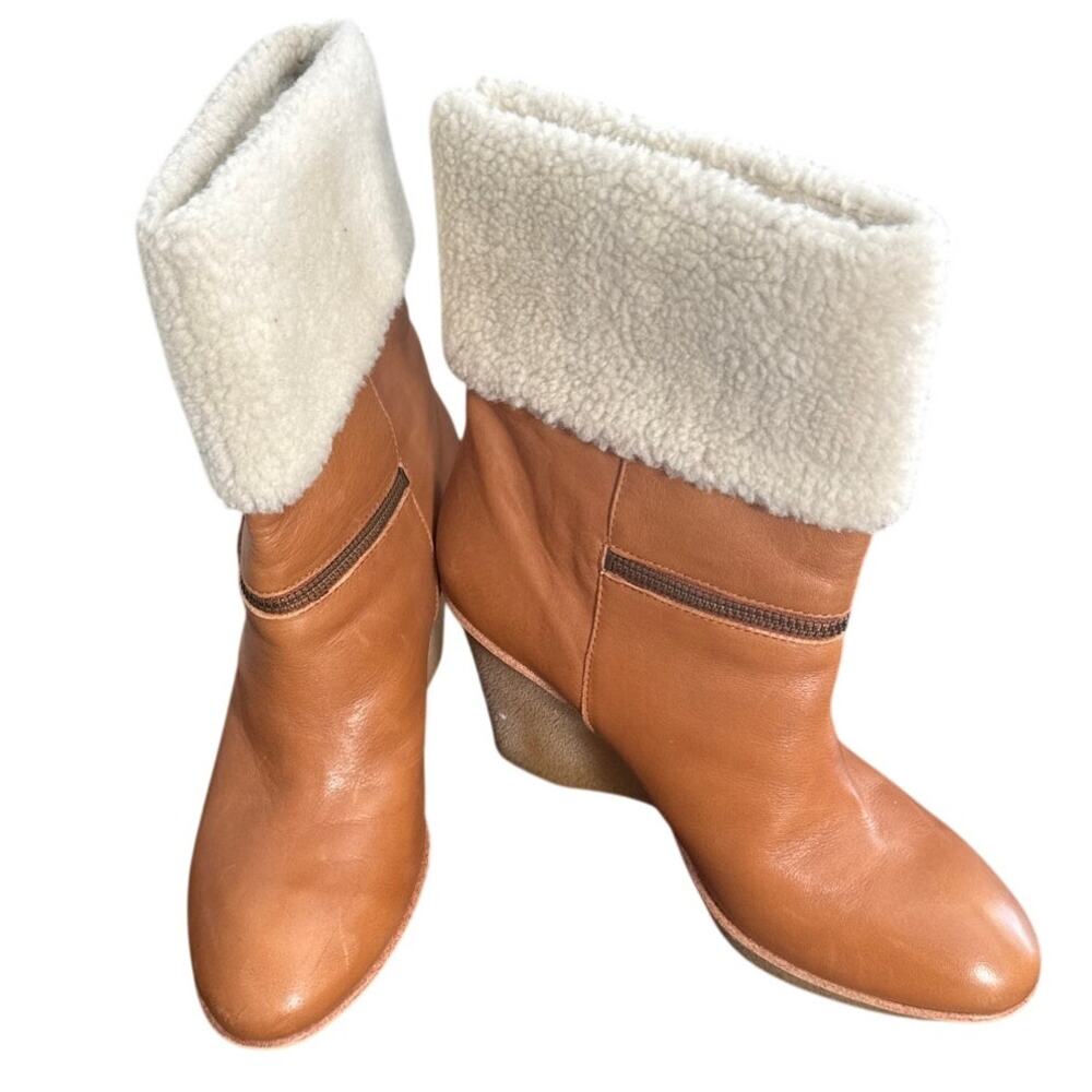 B. Makowsky BFNancy Brown Leather Mid Calf Fur Cuffed Wedge Boots Size 9M